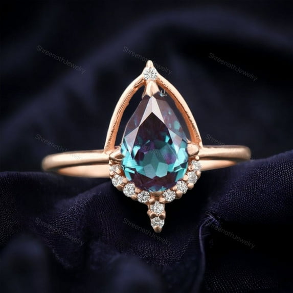 Teardrop Alexandrite Bridal Ring Solid Rose Gold Wedding Ring Art Deco Diamond Promise Ring Unique Holiday Gifts For Girls Anniversary Rings