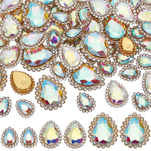 Teardrop Alloy Glass Sew on Rhinestone Transparent Multi-Strand Links Golden Clear AB 14~24x11~19x5.5~7mm for DIY