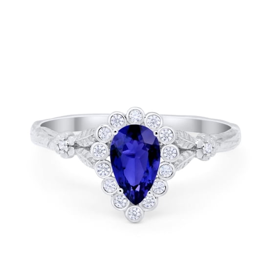 Teardrop Art Deco Wedding Pear Ring Blue Sapphire CZ 925 Sterling Silver Size 7