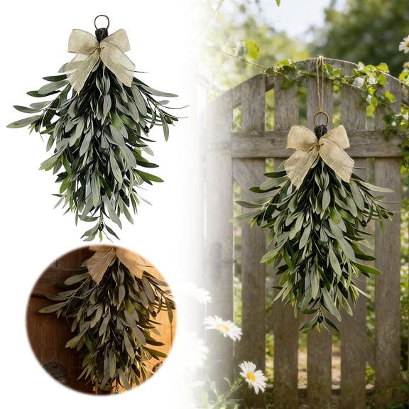 Teardrop Artificial Olive Leaf Swag with Linen Bow, Year Round Greenery Hanging Wreath for Front Door Window Farmhouse Indoor Outdoor Wall Decor