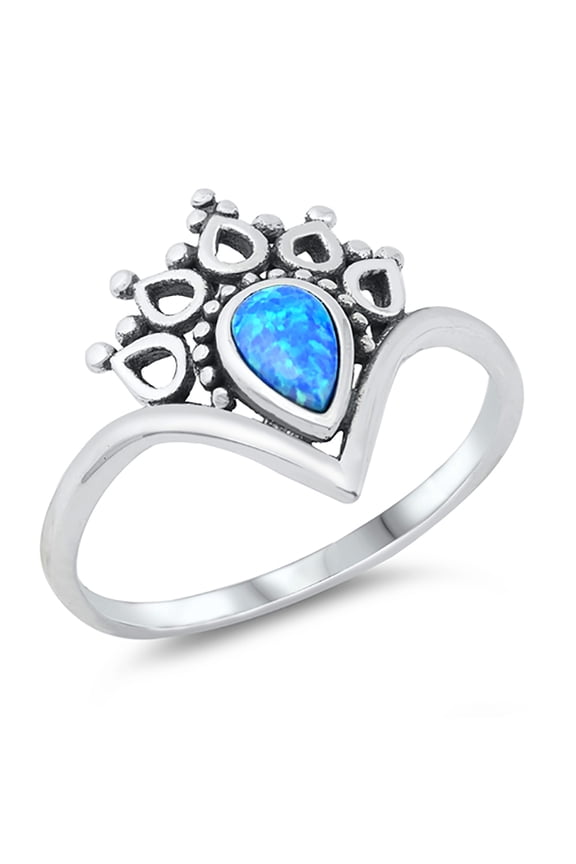 Teardrop Blue Simulated Opal V Shape Victorian Ring Sterling Silver Size 9