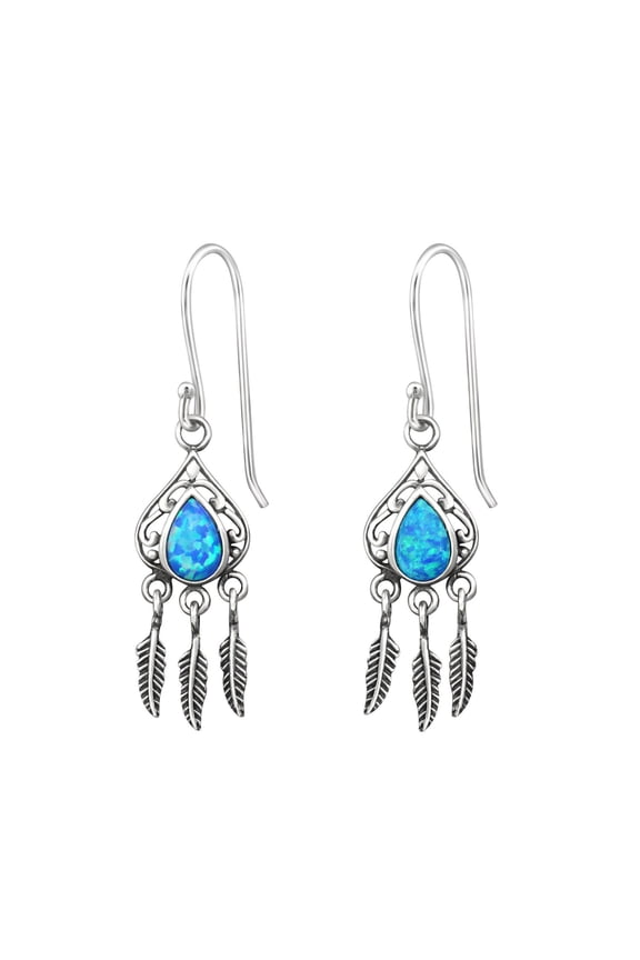 Teardrop Blue Synthetic Opal Design Dangling Leaves Earrings 925 Sterling Silver