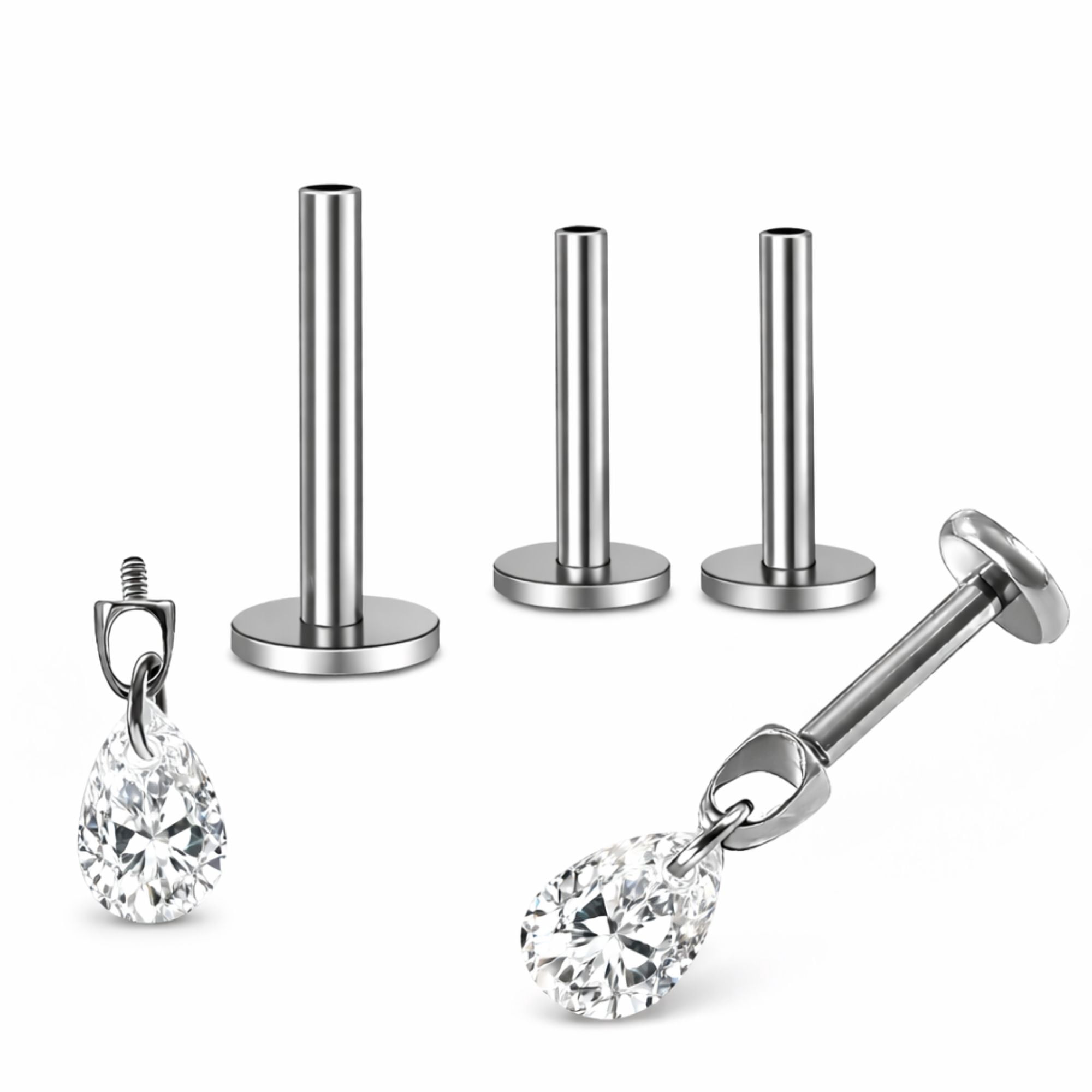 Teardrop CZ Flat Back Stud Earrings 6mm Pear Shape Titanium Body Piercings by Ginger Lyne 2 Sets Post 6mm 8mm