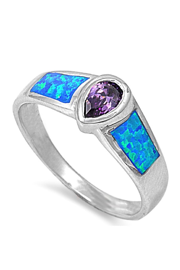 Teardrop Center Simulated Amethyst Cubic Zirconia Blue Simulated Opal Ring Sterling Silver Size 6
