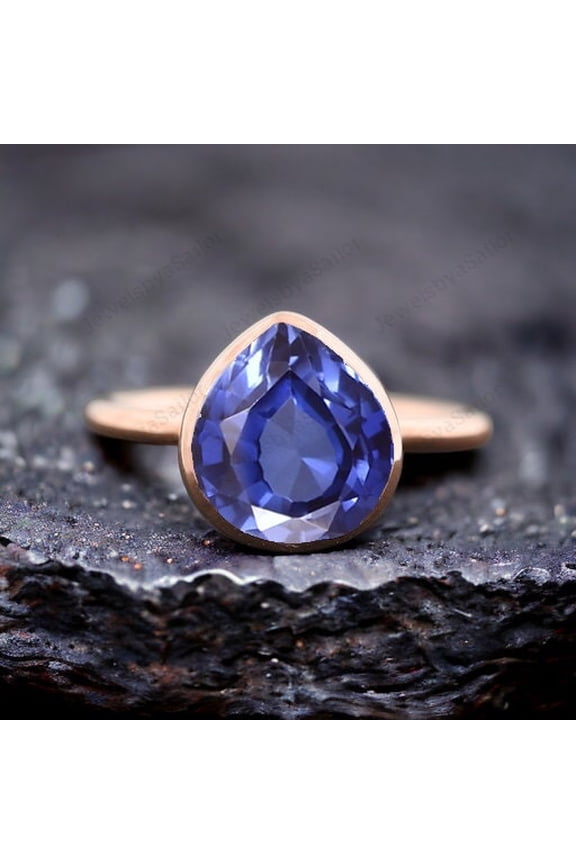Teardrop Ceylon Sapphire Engagement Ring Women Solitaire Stacking Ring Bezel Set Promise Ring Antique Engraved Jewelry Personalized Gifts