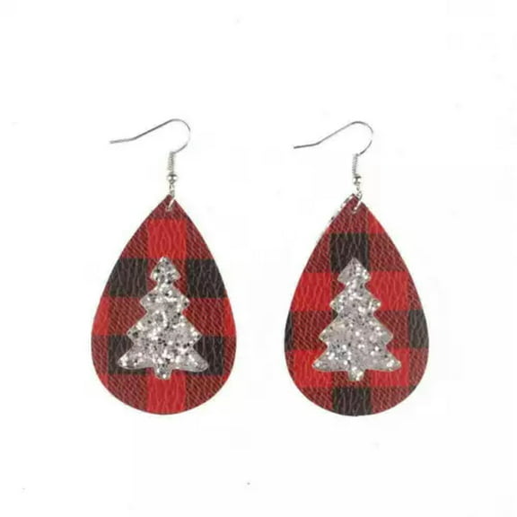Teardrop Christmas Tree Drop Earrings Layer Glitter Leather Christmas Jewelry