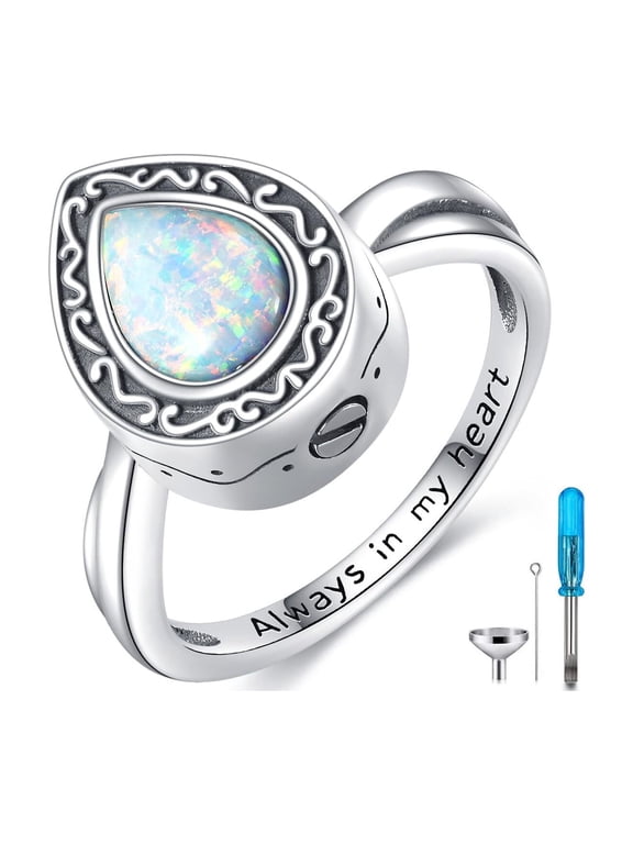 Teardrop Cremation Ring for Ashes 925 Sterling Silver Opal Urn Keepsake Rings Always in My Heart Memorial Jewelry for Women, Size 6