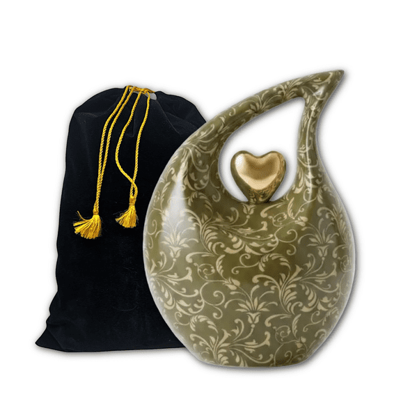 Teardrop Cremation Urns for Human Ashes Adult Female Male - Large 10.5" Green Damask Ceramic Memorial Urns with Gold Heart, 200 Cubic Inches