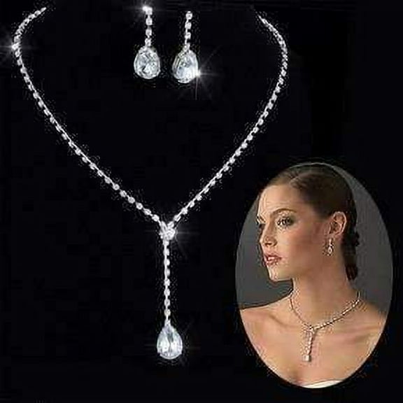 Teardrop Crystal Choker Necklace and Earrings Silver Set for Women Special Occasion Holiday Wedding Prom Bridal