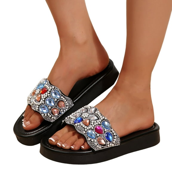 Teardrop Crystal Platform Slides Sandals for Women 2025 Sparkly Boho Beach Rhinestones Dress Sandals