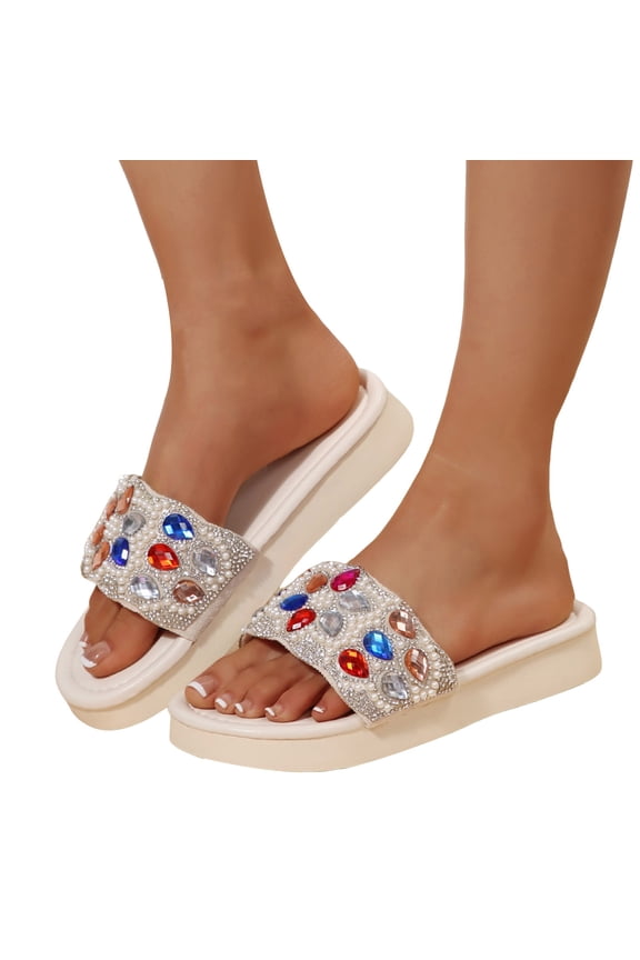 Teardrop Crystal Platform Slides Sandals for Women 2025 Sparkly Boho Beach Rhinestones Dress Sandals
