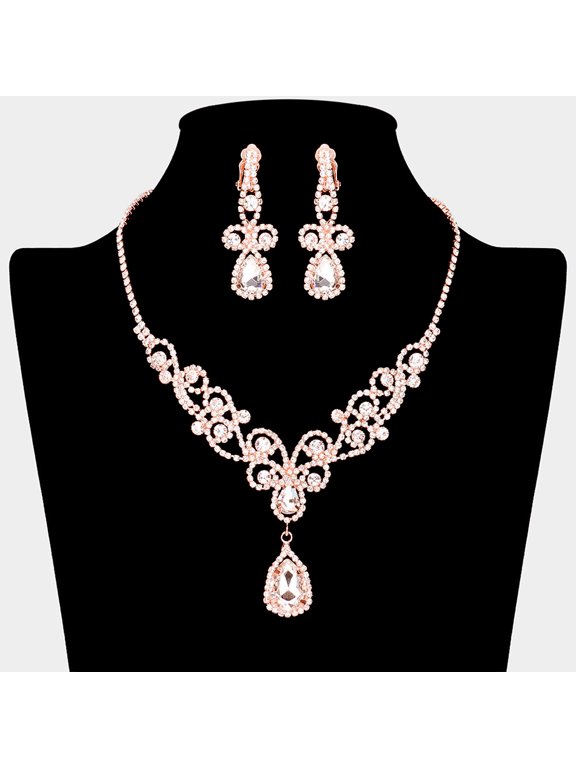Teardrop Crystal Rhinestone Vine Drop Collar Necklace Clip on Earring Set - Rose Gold