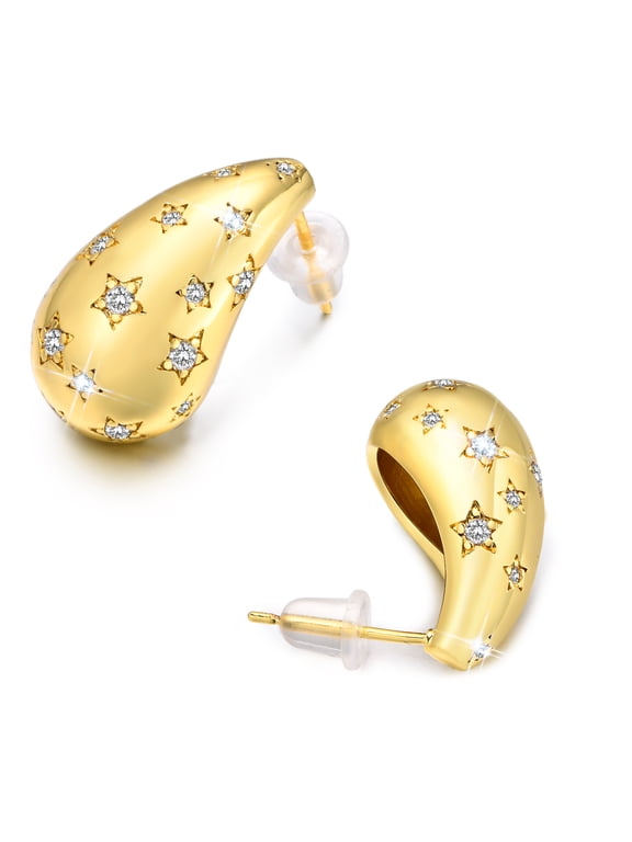 Teardrop Earrings for Women Gold/Silver Chunky Star Cubic Zirconia Large Earring Non Tarnish Hypoallergenic Tear Drop Ear Rings Jewelry Gifts for Her