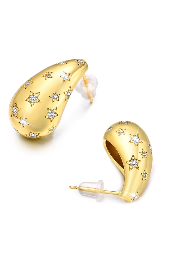 Teardrop Earrings for Women Gold/Silver Chunky Star Cubic Zirconia Large Earring Non Tarnish Hypoallergenic Tear Drop Ear Rings Jewelry Gifts for Her