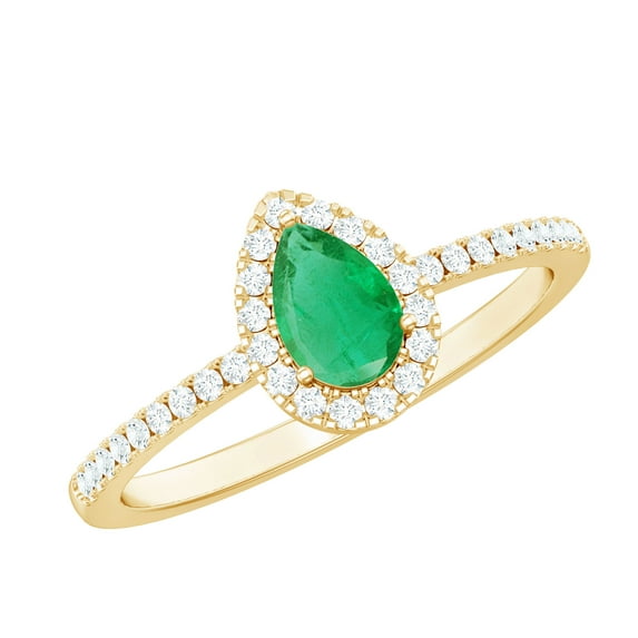 Rosec Jewels Teardrop Emerald Ring with Diamond Halo (4X6 mm, AAA Quality), 18K Yellow Gold, US 8.50