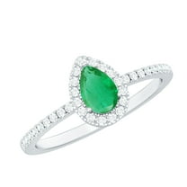 Rosec Jewels Teardrop Emerald Ring with Diamond Halo (4X6 mm, AAA Quality), 925 Sterling Silver, US 4.00