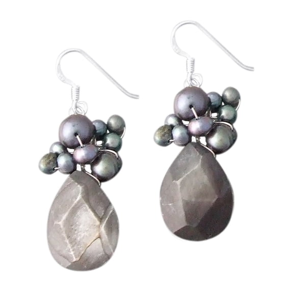 Teardrop Facet Black Shell & Pearl .925 Silver Dangle Earrings