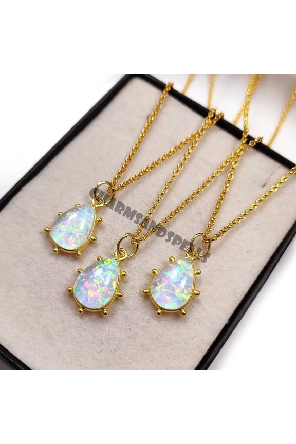 Teardrop Fire Opal Necklace, Dainty Layering Necklace, Gold Plating Opal Jewelry, Gifts for Wife, Aura Opal Necklace, Women Gifts