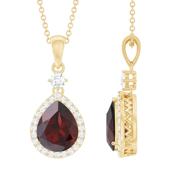 Rosec Jewels Natural Garnet Teardrop Pendant Necklace - 4 Carat - 12X8mm - Garnet Diamond Necklace - Ready to Gift for Women, 14K Yellow Gold