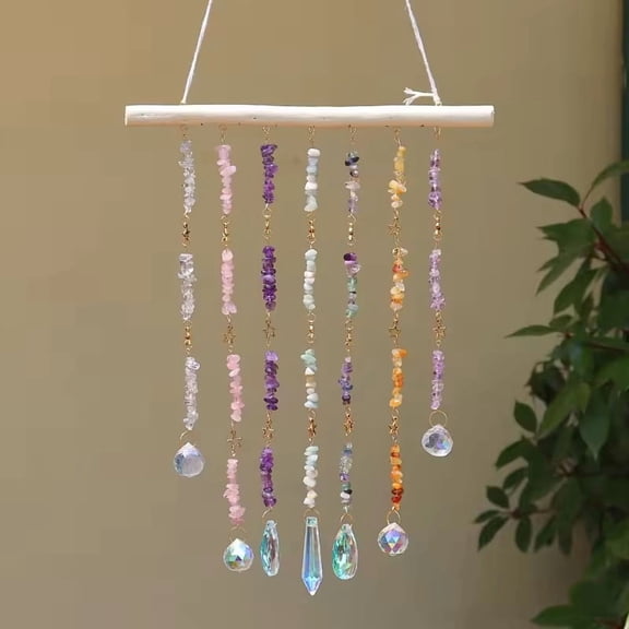 Teardrop Glass Suncatchers Natural Amethyst Quartz Fluorite Rose Quartz Carnelian Chip Hanging Ornaments Rainbow Maker Mixed color 520mm