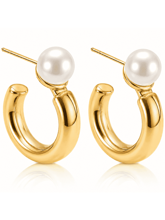 14K Plated Gold Hoop Earrings for Women, Hypoallergenic Pearl Hoop Earrings, Elegant Jewelry Gift for Womens Daily Wear