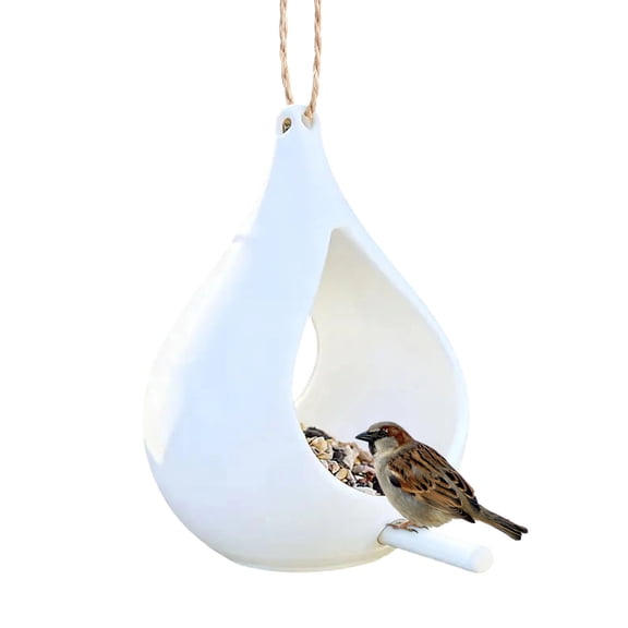 Teardrop Hanging Bird Feeder Outdoor Garden Decor – Hand-Blown Glass, All-Weather Copper Hanger, Drainage Base, Easy Refilling, Perfect for Attracting Wild Birds White