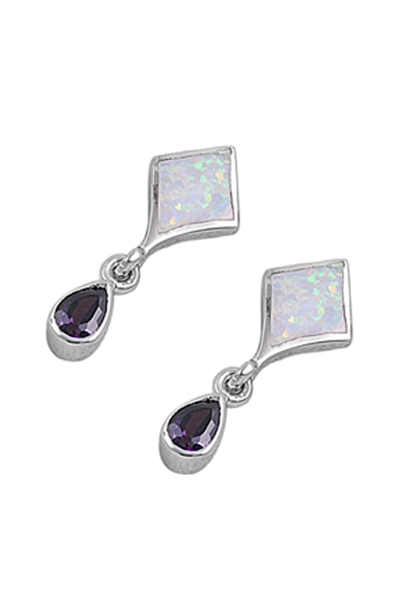 Teardrop Hanging Earrings Simulated Amethyst White Simulated Opal .925 Sterling Silver Jewelry Female