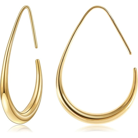 Teardrop Hoop Earrings for Women, 14K Gold Plated Oval Pull Through Hoop Earrings for Women, Gold Drop Hoop Earrings for Women
