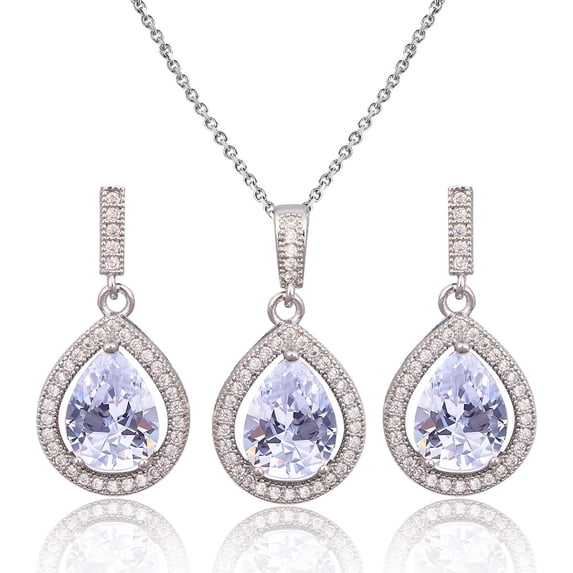 Teardrop Jewelry Set for Women - Sterling Silver Small Teardrop Cubic Zirconia Crystal CZ Rhinestone Drop Earrings and Pendant Necklace Set for Wedding Bride Bridesmaids Mother of Bride Prom Party
