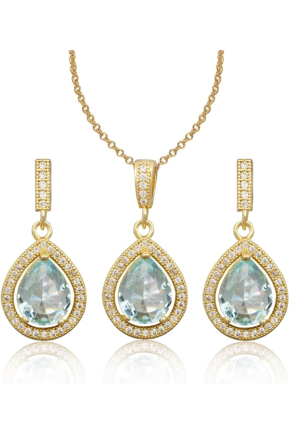 Teardrop Jewelry Set for Women - Sterling Silver Small Teardrop Cubic Zirconia Crystal CZ Rhinestone Drop Earrings and Pendant Necklace Set for Wedding Bride Bridesmaids Mother of Bride Prom Party