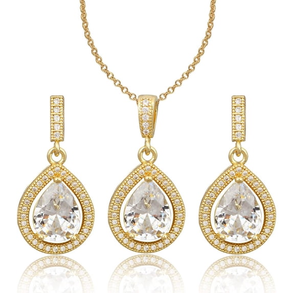 Teardrop Jewelry Set for Women - Sterling Silver Small Teardrop Cubic Zirconia Crystal CZ Rhinestone Drop Earrings and Pendant Necklace Set for Wedding Bride Bridesmaids Mother of Bride Prom Party