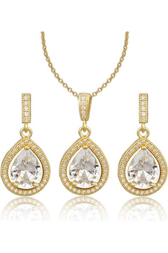 Teardrop Jewelry Set for Women - Sterling Silver Small Teardrop Cubic Zirconia Crystal CZ Rhinestone Drop Earrings and Pendant Necklace Set for Wedding Bride Bridesmaids Mother of Bride Prom Party