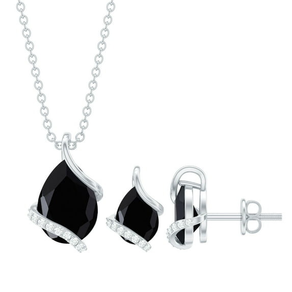 Rosec Jewels Real Black Spinel Jewelry Set with Moissanite - Cocktail Necklace and Earring Set - AAA Grade - Jewelry Box included, 18K White Gold
