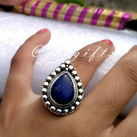 Teardrop Lapis Lazuli Ring | Handmade 925 Silver Gemstone Ring | Elegant Statement Jewelry