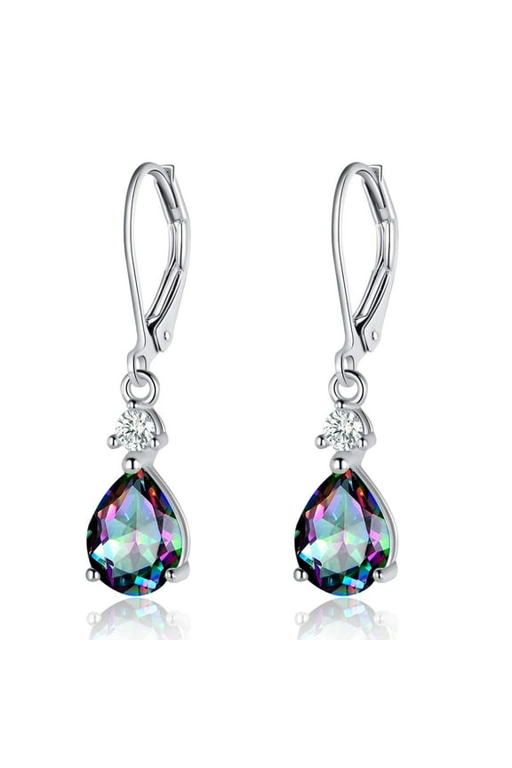 Teardrop Leverback Earrings 925 Sterling Silver Rainbow CZ Crystal Dangle Earingings Drop for Women Teens Valentines Day Vintage Jewelry Gifts