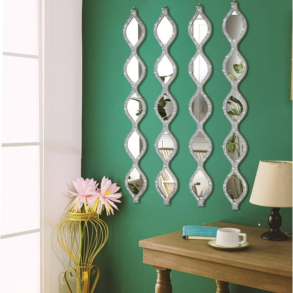 Teardrop Mirror Wall Decor Decorative Mirror Rustic Crush Diamond Mirrors Wall Farmhouse Long Art for Bathroom Bedroom Entryway Apartment Living Room(Silver,4 Pcs)