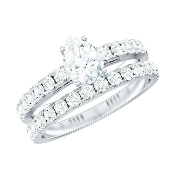 Rosec Jewels Moissanite Wedding Ring Set of 2 - 5X7 mm Pear Shape Engagement Ring with Enhancer - D-VS1 Grade Certified, 10K White Gold, US 12.50