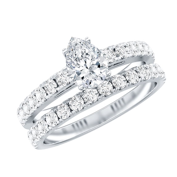 Rosec Jewels Moissanite Wedding Ring Set of 2 - 5X7 mm Pear Shape Engagement Ring with Enhancer - D-VS1 Grade Certified, 10K White Gold, US 3.00