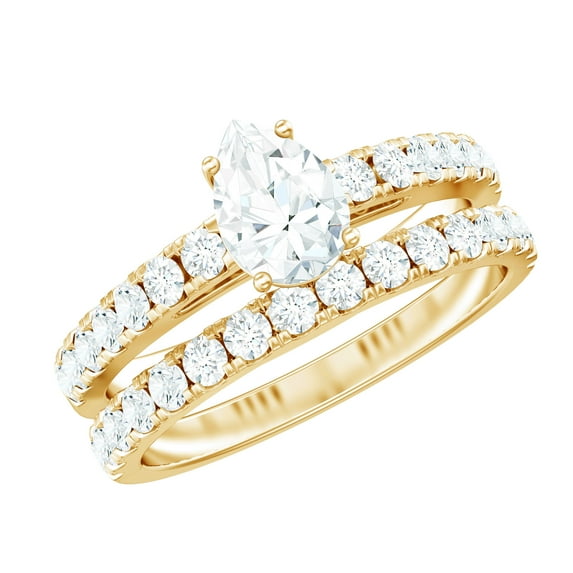 Rosec Jewels Moissanite Wedding Ring Set of 2 - 5X7 mm Pear Shape Engagement Ring with Enhancer - D-VS1 Grade Certified, 10K Yellow Gold, US 10.00