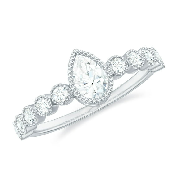 Rosec Jewels Moissanite Solitaire Engagement Ring with Side Stones - 5X7 mm Pear Shape Moissanite Ring - D-VS1 Quality, 10K White Gold, US 10.00