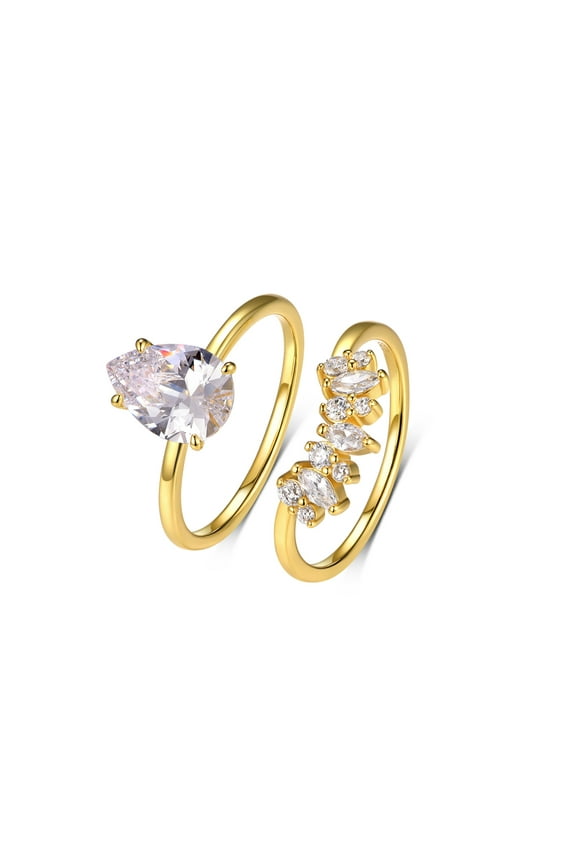 Teardrop Moissanite & Textured Band Stackable Ring Set - D/VVS1 925 Silver 18K Gold Plated, Wedding Stack Duo