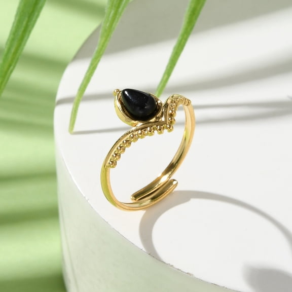 Teardrop Natural Rhodochrosite & Black Onyx & White Jade & Red Agate & Amazonite Finger Rings Real 18K golden Plated 304 Stainless Steel Adjustable Rings