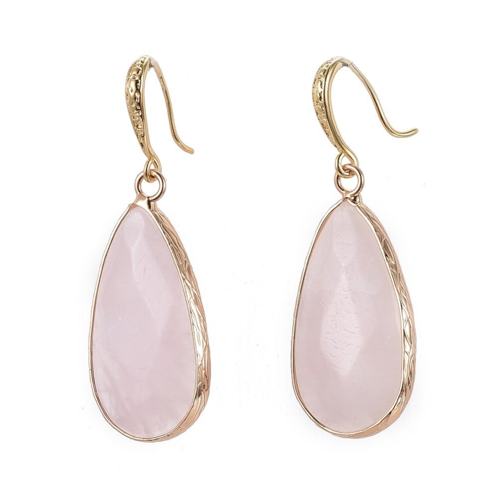 Teardrop Natural Rose Quartz Dangle Earrings with Brass Earring Hooks Packing box Real 18K golden Plated 45.5~46mm Pin: 0.7mm