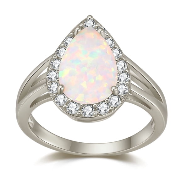 Teardrop Opal Ring for Women Isabella 4 Ct Pear Shape Sterling Silver CZ Halo Ginger Lyne Collection