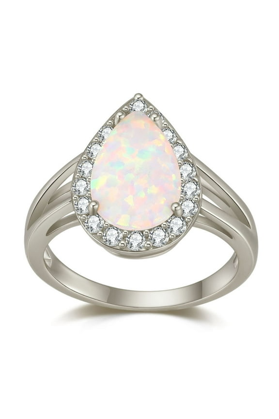 Teardrop Opal Ring for Women Isabella 4 Ct Pear Shape Sterling Silver CZ Halo Ginger Lyne Collection