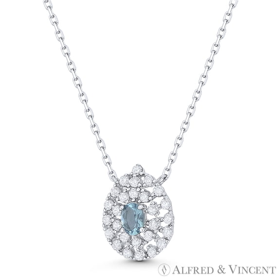 Teardrop Oval Aqua & Round Clear CZ Crystal Pendant & Necklace in .925 Sterling Silver w/ Rhodium