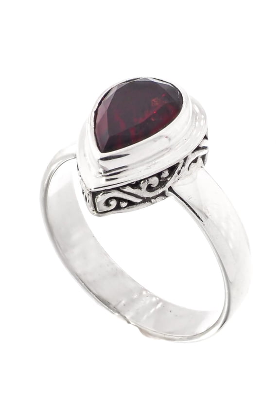 Teardrop Pear Garnet Scroll Filigree 925 Sterling Silver Stacking Ring