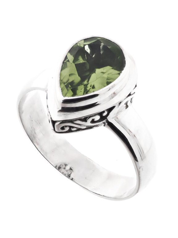 Teardrop Pear Green Peridot Scroll Filigree 925 Sterling Silver Stacking Ring