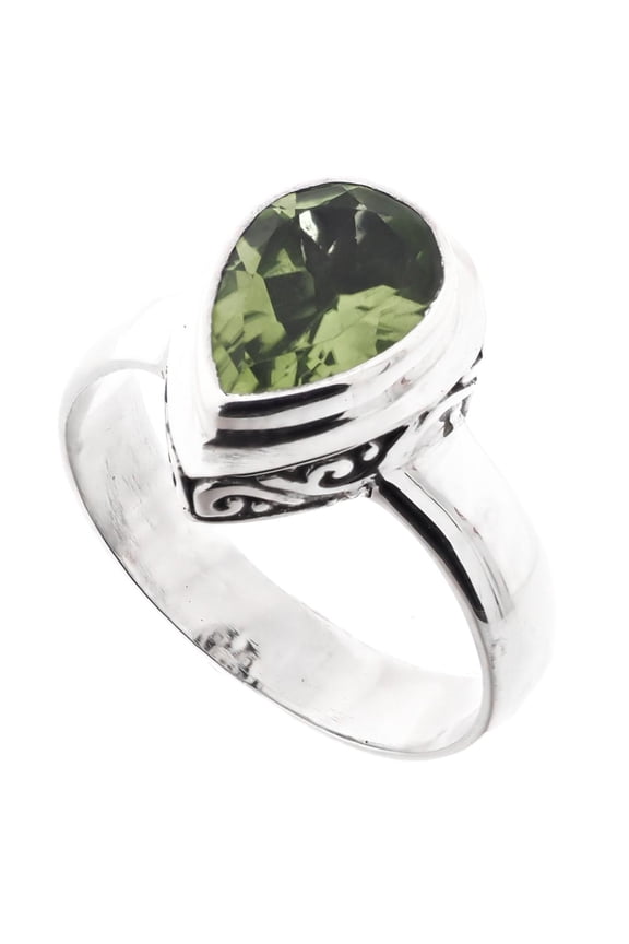 Teardrop Pear Green Peridot Scroll Filigree 925 Sterling Silver Stacking Ring