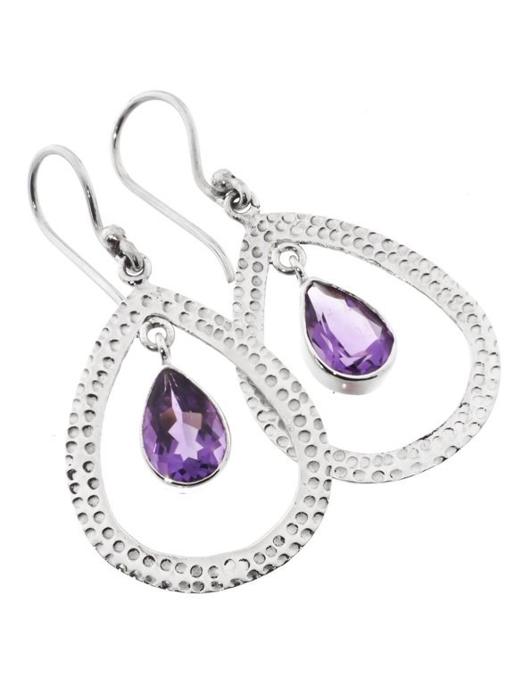 Teardrop Pear Purple Amethyst Hammered 925 Sterling Silver Hoop Earrings, 1"